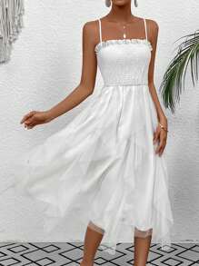 SHEIN VCAY 網紗拼接抽褶背心裙 - 白色 - 查看 4