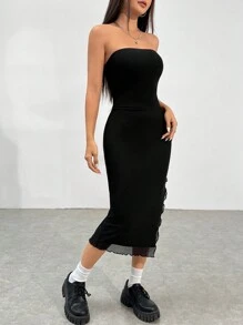 SHEIN EZwear 女式無肩帶開衩下擺連身裙 - 黑色 - 查看 5