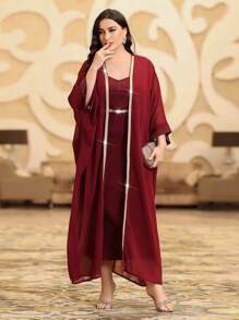 Al Najma 勃艮第红色加大码女式拼布编织腰带长款开衫外套和无袖圆领连衣裙 - 酒紅色 - 查看 5