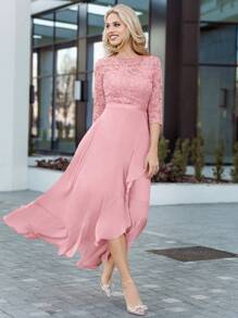 MIUSOL Floral Lace Corset With Ruffle Trim Chiffon Formal Party Dress - Pink - View 4