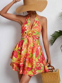 Soleia 女性露背綁頸熱帶印花連衣裙 - 紅色 - 查看 1