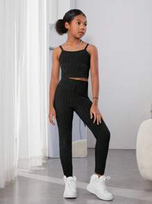 適合青少年女孩的城市優雅針織純色長袖開襟衫,搭配背心和針織褲裝套裝