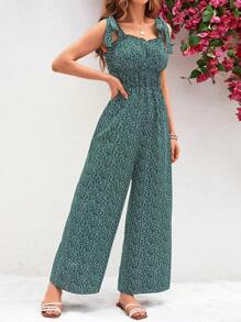 SHEIN VCAY Women's Vacation Style Ditsy Floral Print Spaghetti Strap Jumpsuit - Green - View 1