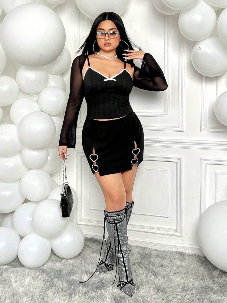 Plus Size Women's Mesh Cape With Bow Decorated Camisole Tank Top
