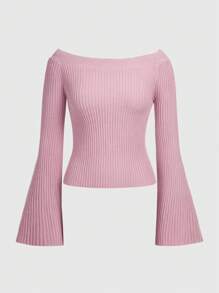 ROMWE Kawaii 基本純色喇叭袖露肩粉色修身女士毛衣 - 粉色 - 查看 1