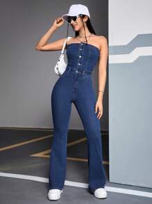 SHEIN EZwear 女修身無肩帶牛仔連身褲 - 深色水洗藍 - 查看 4