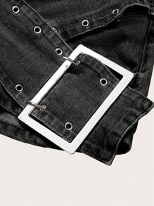 SHEIN ICON 女式牛仔a字裙,前拉鍊設計,十字交叉細節