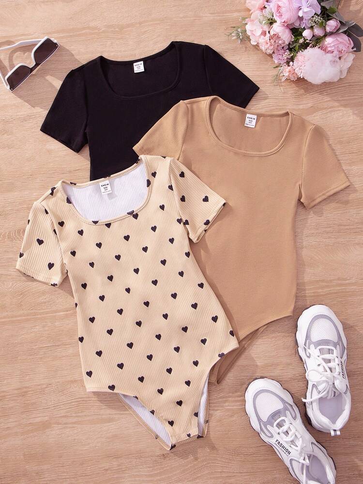SHEIN Conjunto de 3 piezas Traje de baño de manga corta con escote cuadrado, de punto, con estampado de corazones dulce y fresco para niñas preadolescentes - Multicolor - Añade 1
