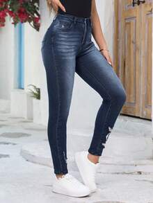 SHEIN LUNE Của phụ nữ Thon gọn Quần jean rách - Rửa tối - Xem 4