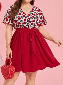 SHEIN Clasi Plus Size Floral Print Dress With Ruffle Sleeves And Waist Belt Red Women Dress - Multicolor - View 4