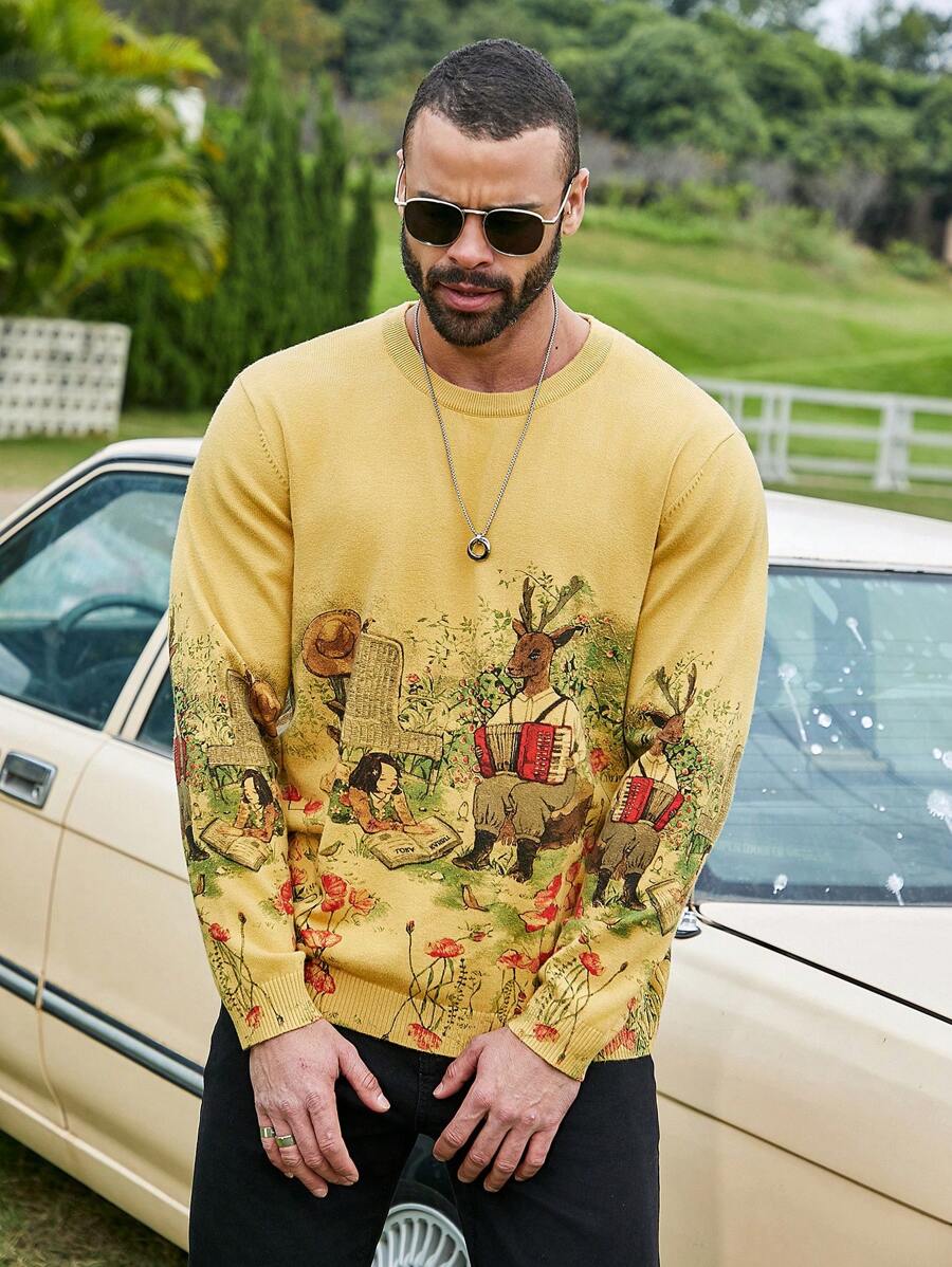 Extended Sizes Men's Plus Size Cartoon Pattern Long Sleeve Sweater