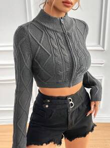 SHEIN Unity Solid Color Front Zipper Cropped Cardigan - Grey - View 5