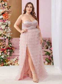 SHEIN Belle Plus Size Satin Multi-Layer Tulle High Split Strapless Evening Party Dress - Pink - View 2