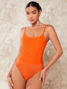 SHEIN BAE Textured Slim Fit Cami Bodysuit - Orange - View 1