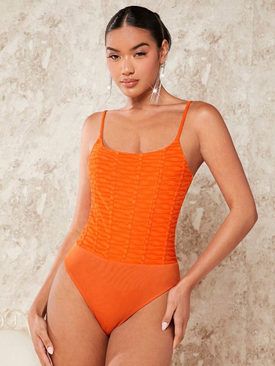 SHEIN BAE Textured Slim Fit Cami Bodysuit - Orange - View 1