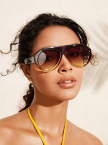 SHEIN VCAY Gafas de sol con gradiente de color té, marco de color té doble, lentes escolares con estilo bohemio - Marrón - Ver 1