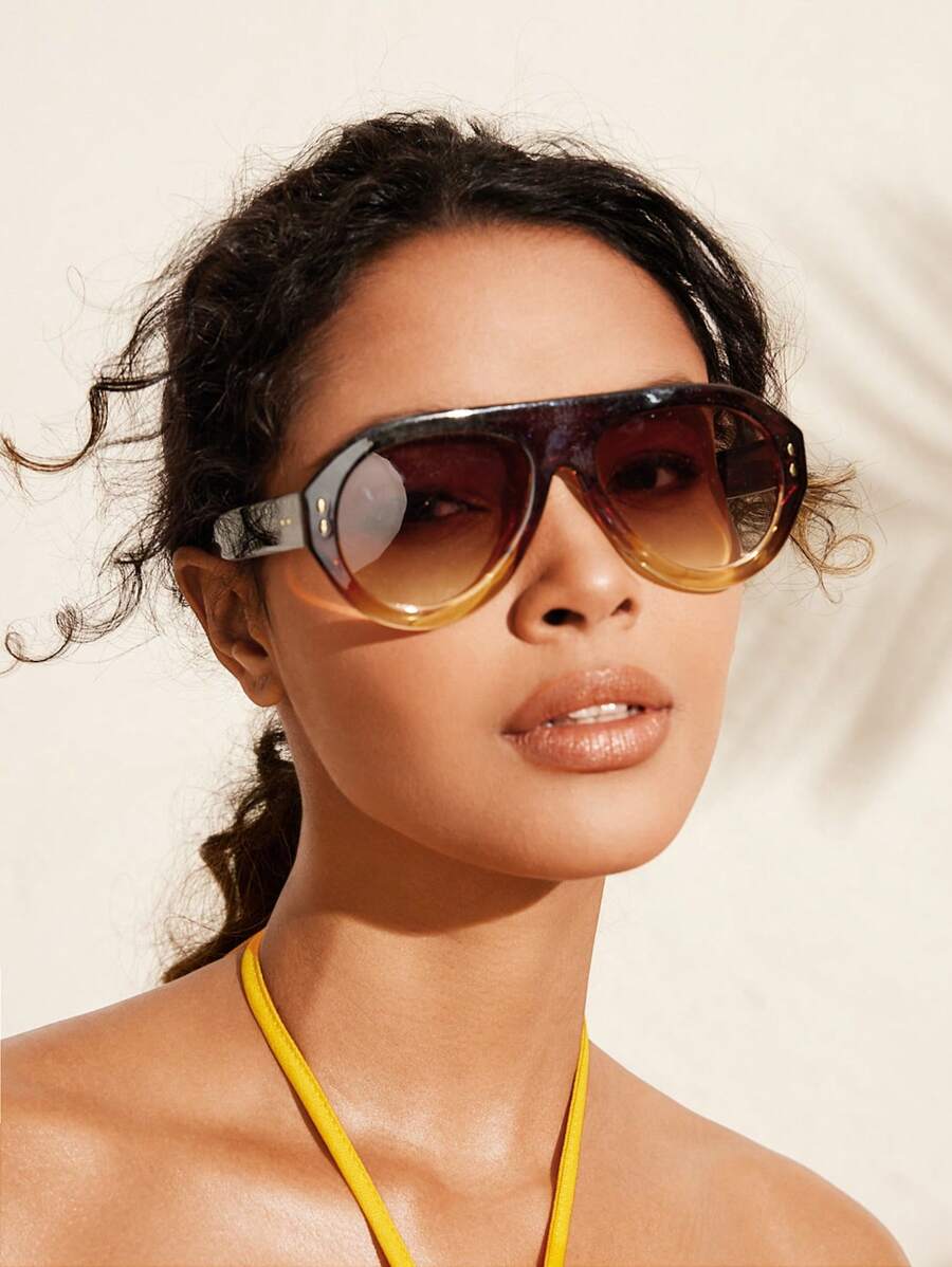 SHEIN VCAY Gafas de sol con gradiente de color té, marco de color té doble, lentes escolares con estilo bohemio - Marrón - Ver 1