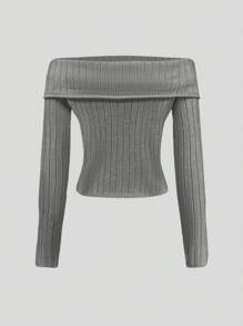 SHEIN Unity Jersey de punto ajustado con hombros descubiertos para mujer, para otoño e invierno - Gris - Ver 2
