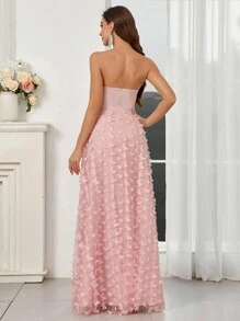 SHEIN Belle 女士拼接3d蝴蝶結網紗高開叉無肩晚禮服 - 粉色 - 查看 3