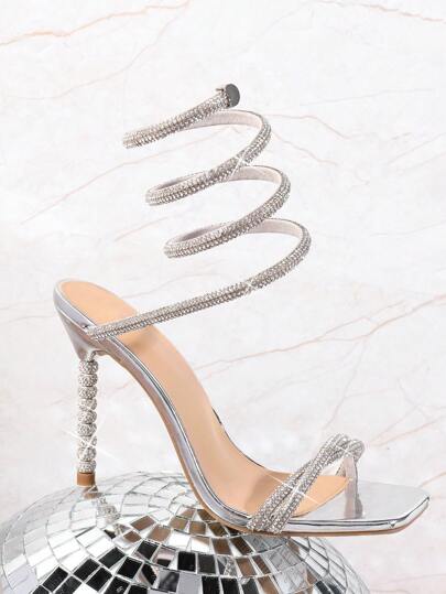 Vixey Sandalias de tacón alto con envoltorio de mujer de material elástico y apliques de rhinestones