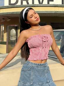 SHEIN Qutie 甜美格紋女式無肩帶上衣 - 紅白色 - 查看 1