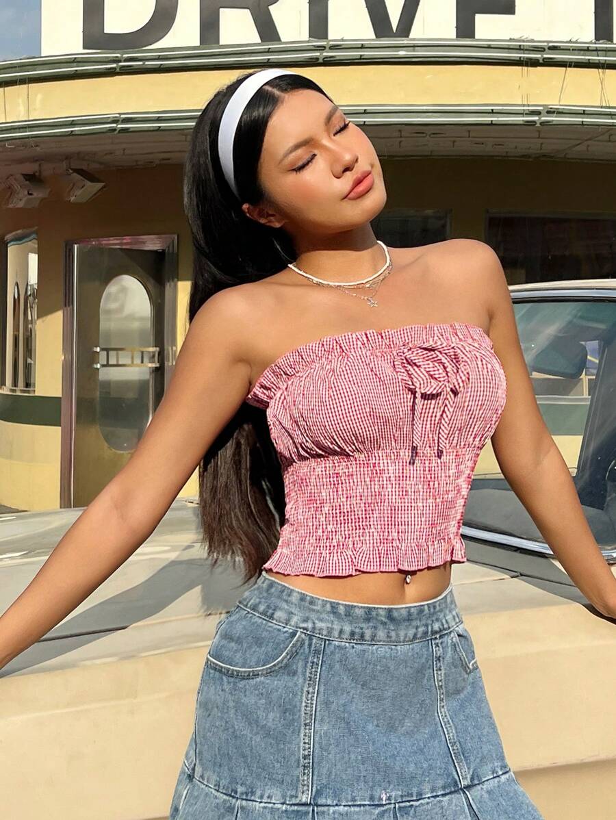 SHEIN Qutie 甜美格紋女式無肩帶上衣 - 紅白色 - 查看 1