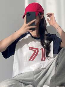 DAZY Women's Contrast Color Stitching Letter Print T-Shirt - White - View 2