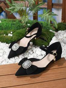 女士低跟厚跟尖頭軟底舒適鑲鑽切割鞋,時尚流行 - 黑色 - 查看 2
