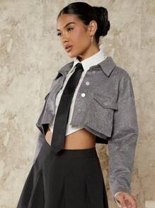 Hauture Flap Pocket Drop Shoulder Crop Jacket - Grey - View 5