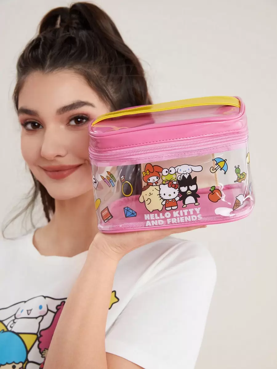 HELLO KITTY AND FRIENDS | SHEIN 可愛粉色半透明化妝包,帶手柄 - 粉色 - 查看 1
