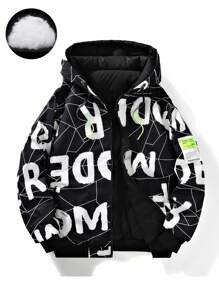 男士长袖字母图案贴布细节连帽羽绒服，适合秋冬季穿着 - 黑色 - 查看 1