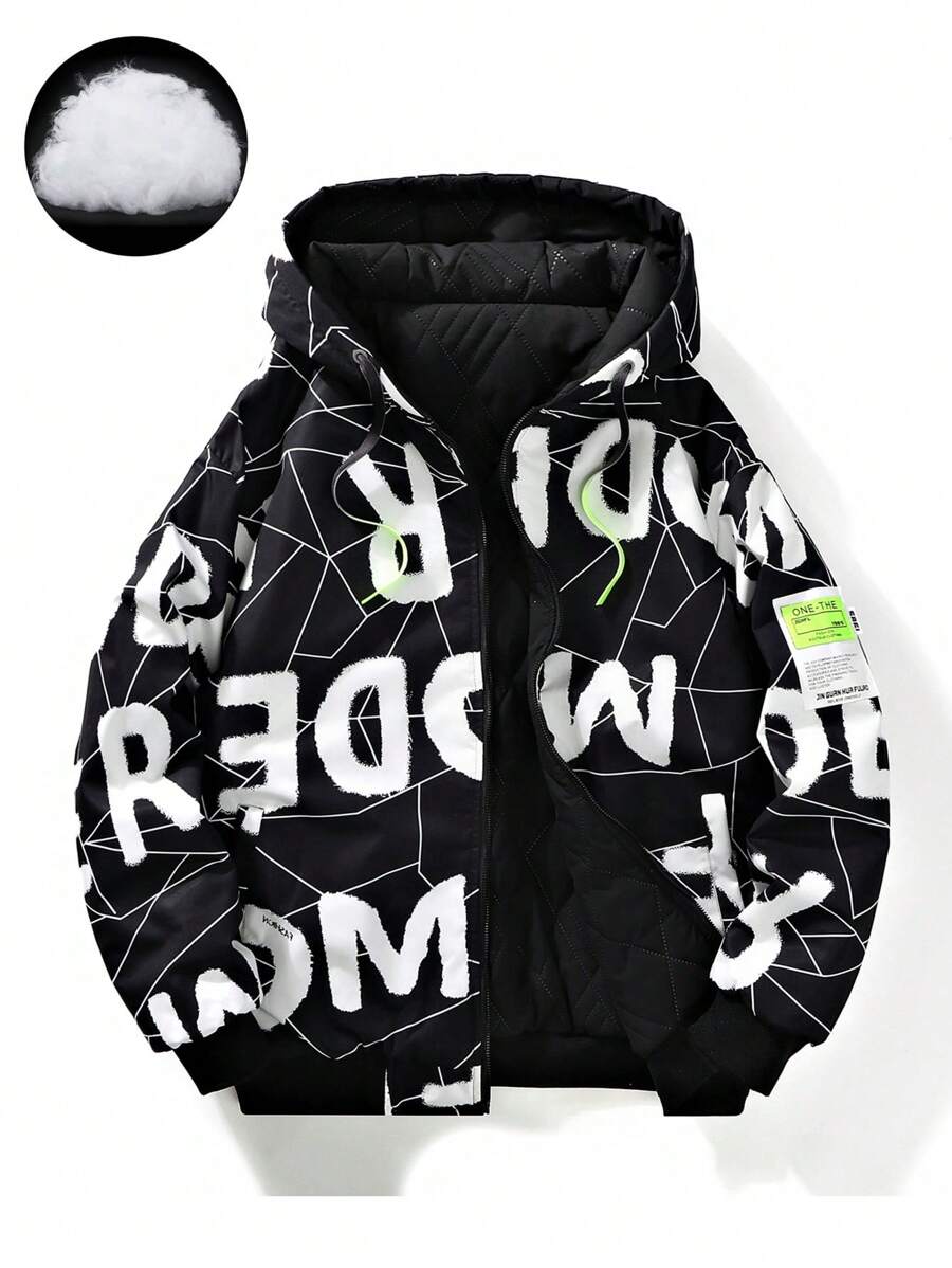 男士长袖字母图案贴布细节连帽羽绒服，适合秋冬季穿着 - 黑色 - 查看 1