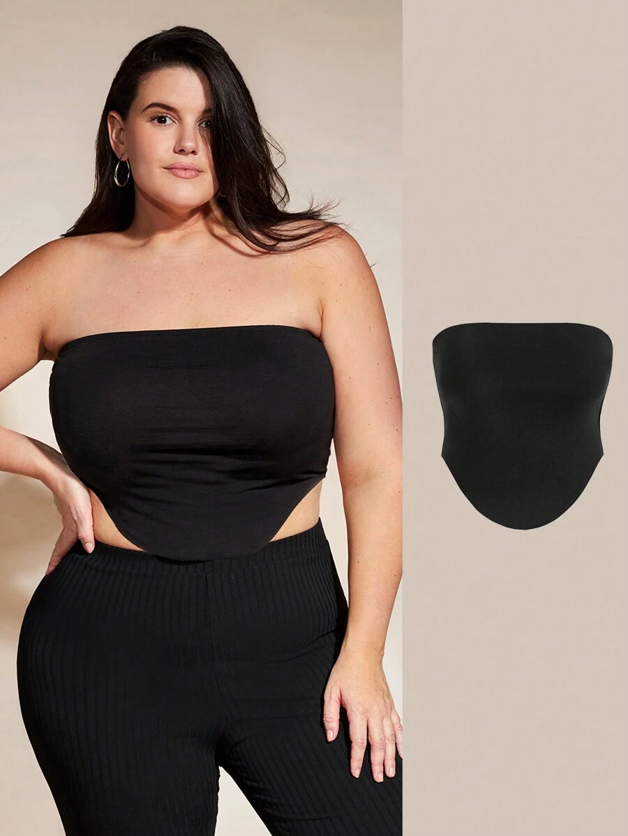 SHEIN BASICS 女性加大碼實色無肩帶上衣,不對稱下擺設計 - 黑色 - 查看 1