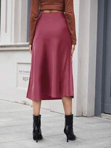 EURMUSE Solid High Waist Bias Cut Skirt - Merah - View 2