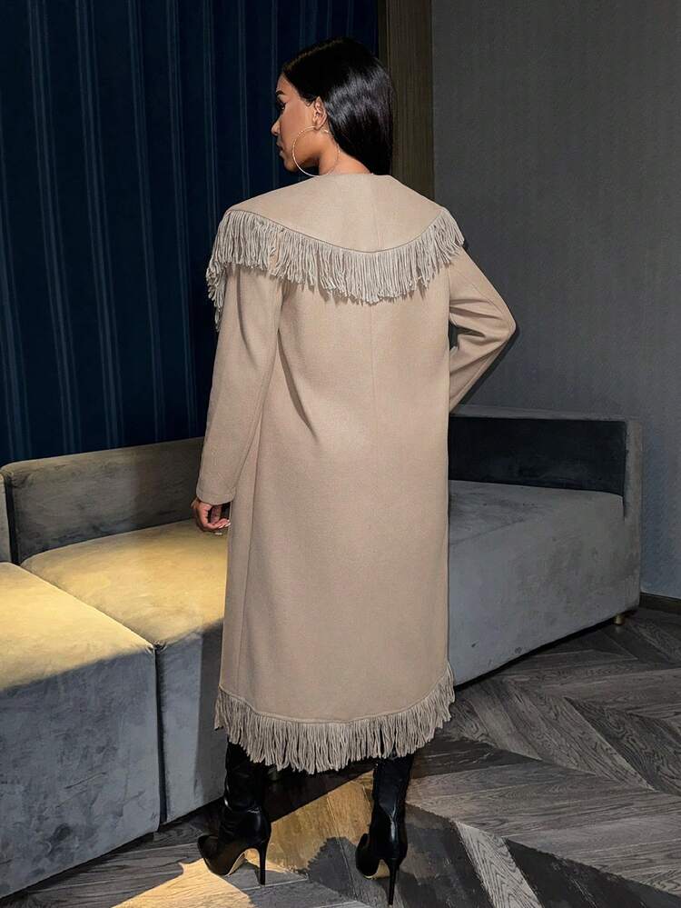 Women's Fringe Trim Cape Shawl Collar Woolen Jacket Fall Cloth For Women