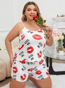 Plus Size Women's Pajama Sleepwear Set With Lip Pattern Printed Cami & Shorts White Set