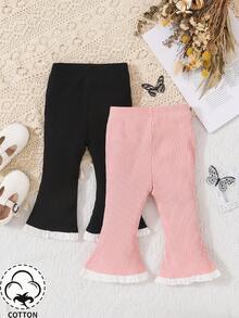 SHEIN 2 件套女婴休闲优雅可爱蝴蝶结喇叭裤套装，适合户外活动 - 彩色 - 查看 2