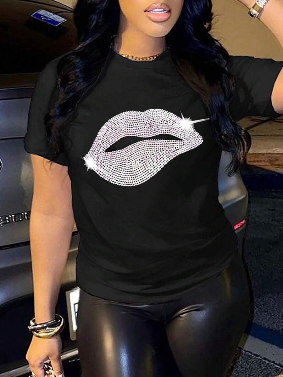 Maweii Plus Size Women's Lips Printed Short Sleeve T-Shirt - Black - View 1