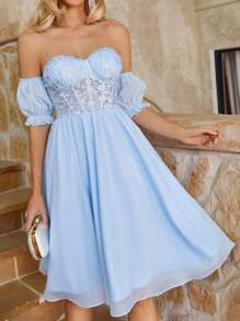 SHEIN Belle Light Blue French Lace Splicing Chiffon Tube Top Dress,Elegant Backless Puff Sleeve Strapless Cocktail Party Prom Dress For Wedding Guest Homecoming - Baby Blue - View 5