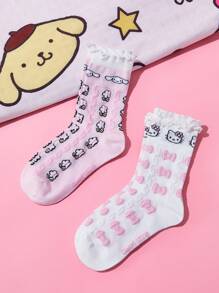 HELLO KITTY AND FRIENDS | SHEIN 2 Pasang Kaos Kaki Anak-Anak Katun Lembut dan Menyerap dengan Motif Kartun Lucu dan Hiasan Renda, Panjang Setengah Betis - MultiWarna - View 1