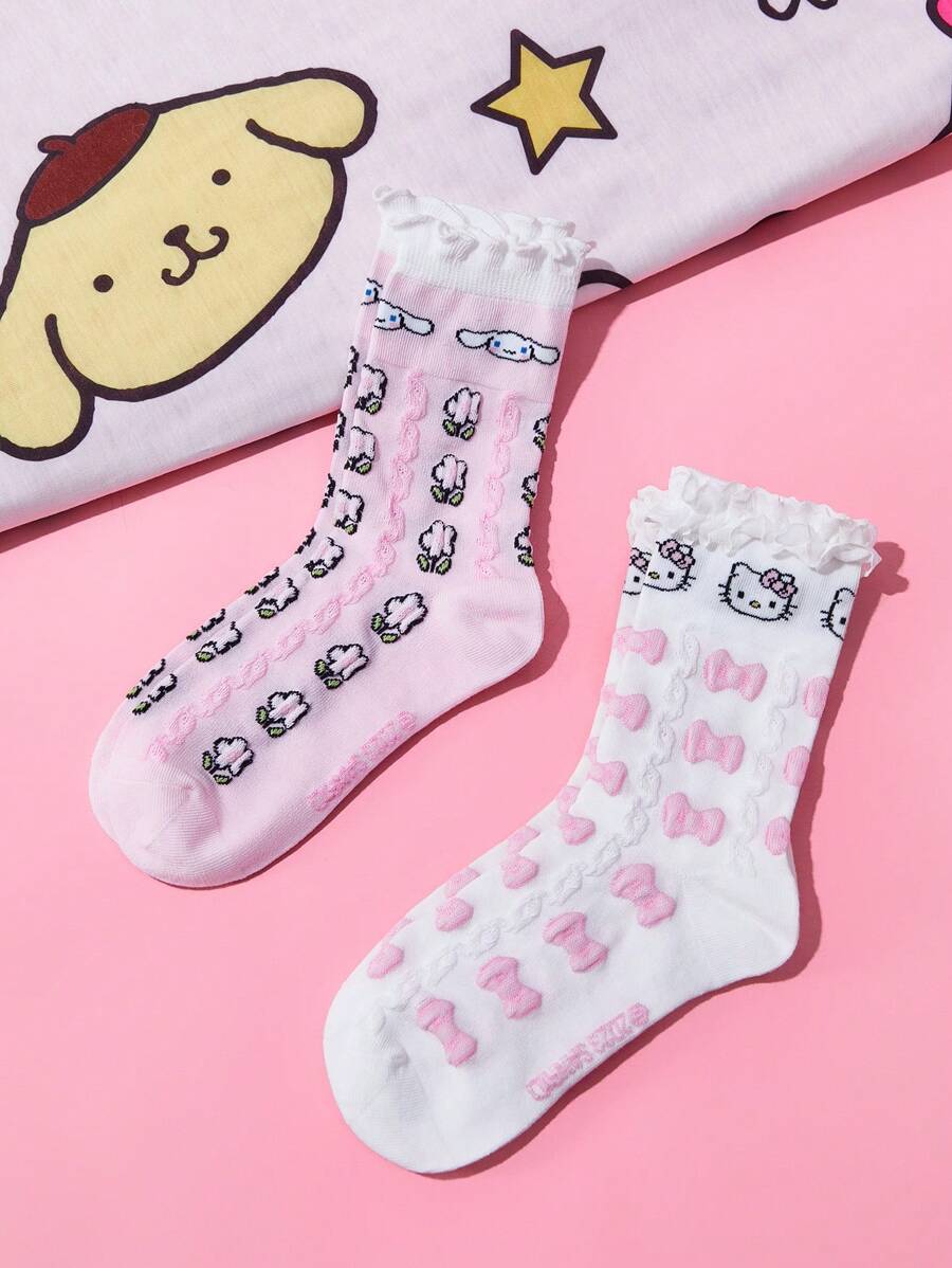HELLO KITTY AND FRIENDS | SHEIN 2 Pasang Kaos Kaki Anak-Anak Katun Lembut dan Menyerap dengan Motif Kartun Lucu dan Hiasan Renda, Panjang Setengah Betis - MultiWarna - View 1