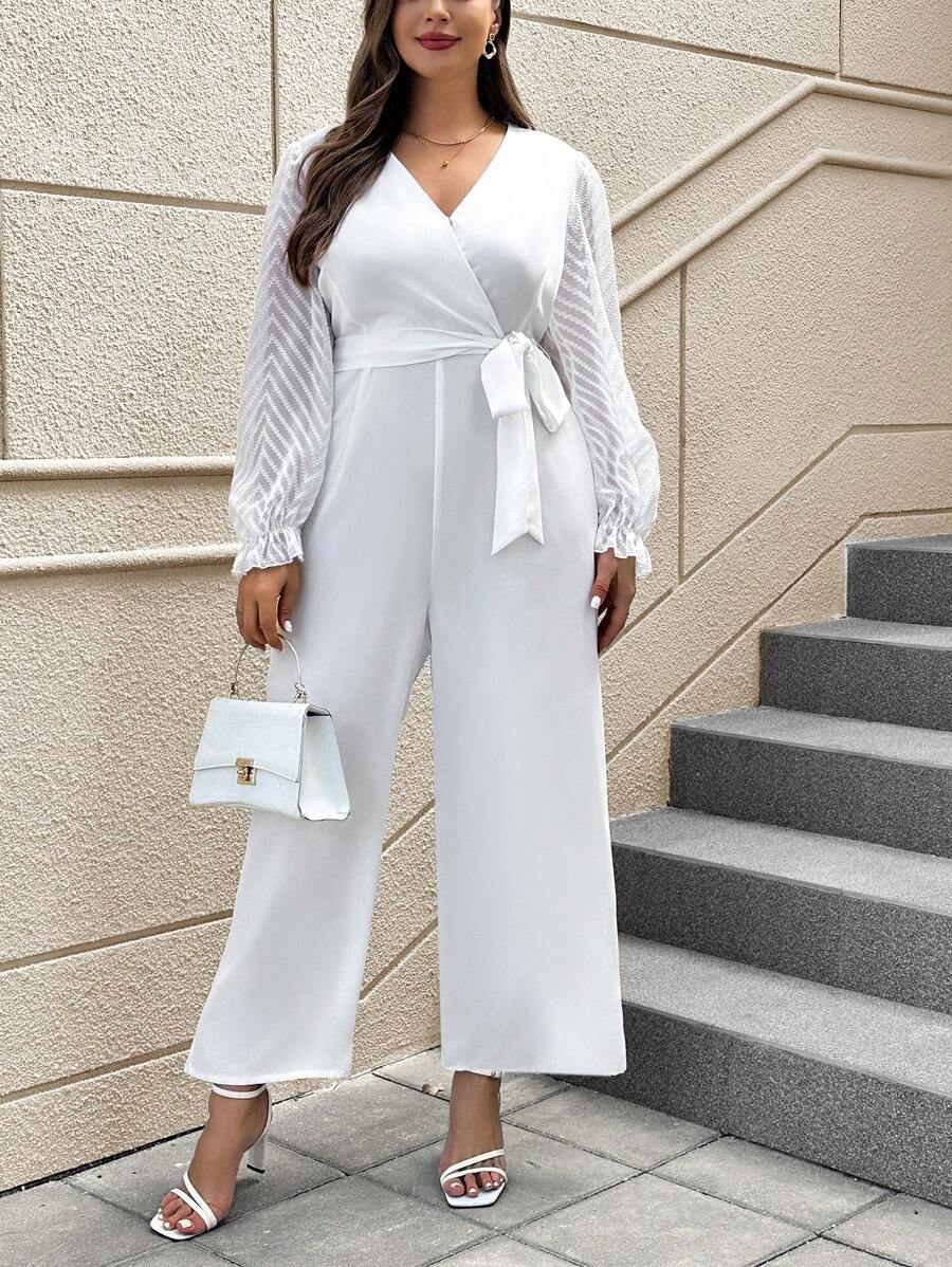 SHEIN Clasi Plus Size Jacquard Flared Sleeves Wrapped Neck Jumpsuit - White - View 1