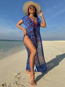 SHEIN Swim 夏季女式宽松全印花开衫嘉年华 - 彩色 - 查看 4