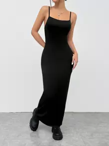 SHEIN EZwear 黑色針織修身背心裙 - 黑色 - 查看 4