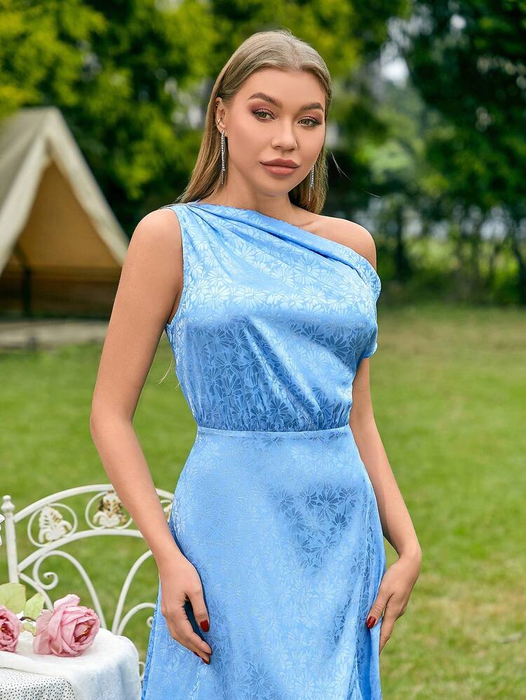 Asymmetrical Neckline Jacquard Split And High Waist Bridesmaid Dress