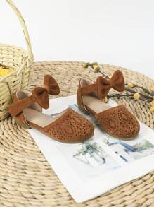 防滑防水柔軟大底柔軟鞋面舒適時尚的公主風格打孔花朵兒童平底鞋 - 棕色 - 查看 4