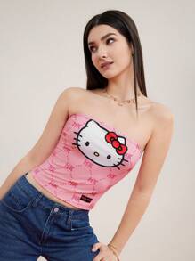 HELLO KITTY AND FRIENDS | SHEIN 女式卡通和字母印花無肩帶上衣 - 粉色 - 查看 4