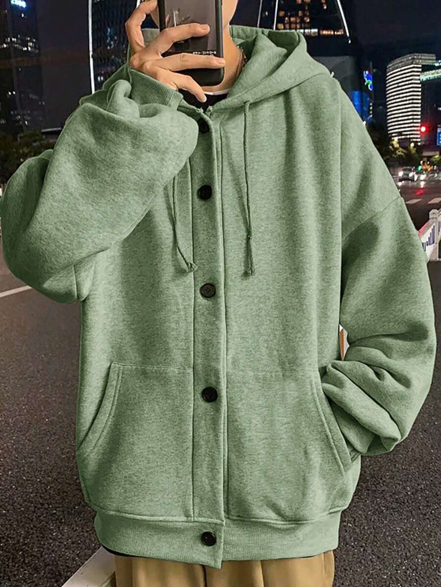 SHEIN Manfinity Hypemode Loose Men's Solid Color Hoodie With Button Closure And Adjustable Drawstring - Army Green - View 1