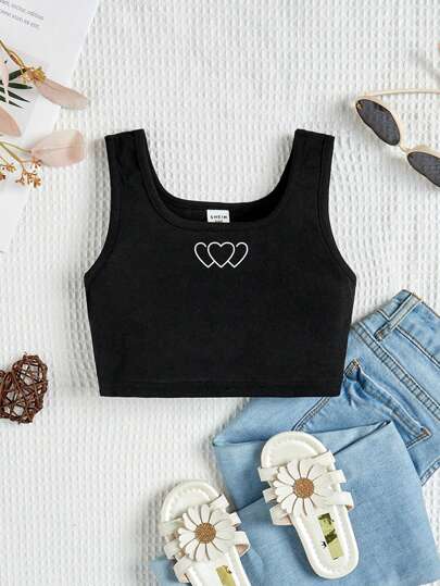 SHEIN 少女休閒簡約心型圓領無袖上衣適合夏季