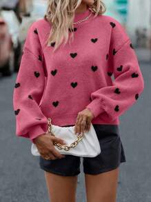 SHEIN LUNE Sweater With Heart Pattern And Dropped Shoulders - Rose Red - View 3
